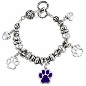 Silver Beaded Charm Bracelet Purple Paw Print Hearts Dog Cat Pet Lover Gift